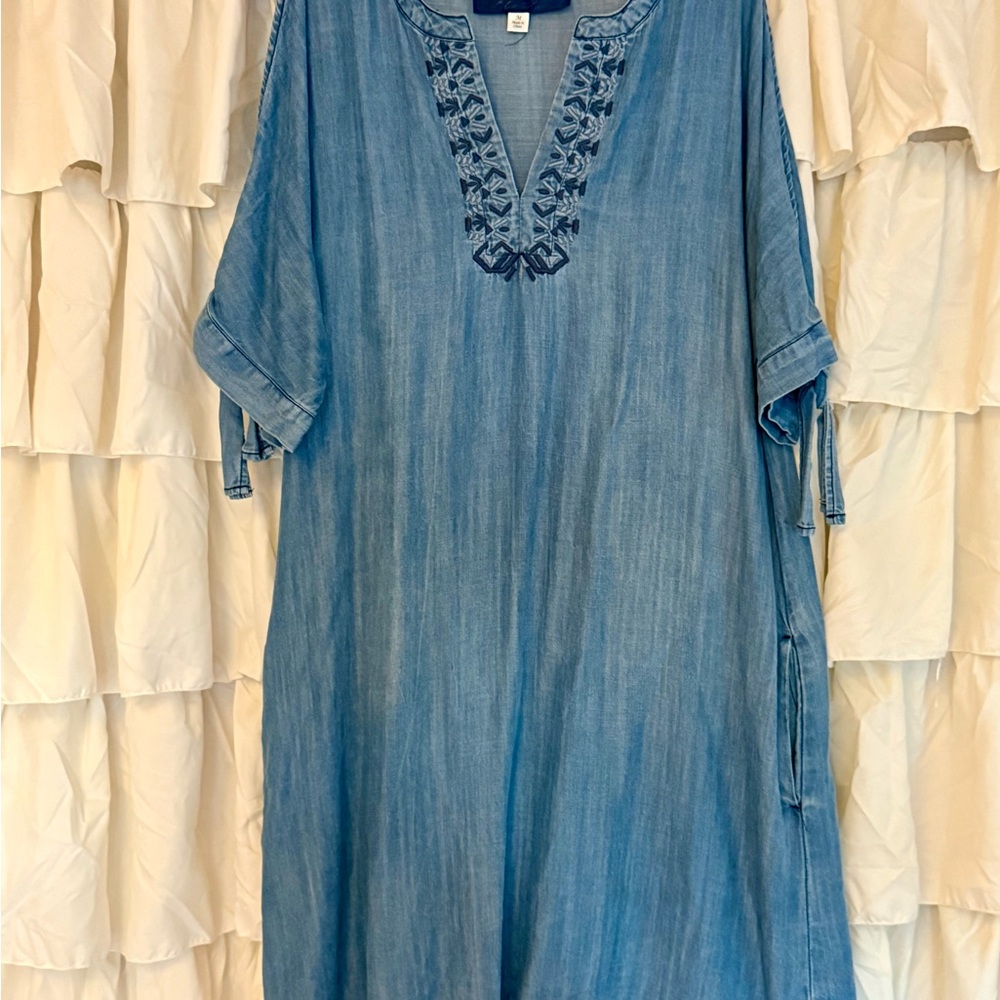 Blue Rain Chambray Dress with Embroidered Neckline